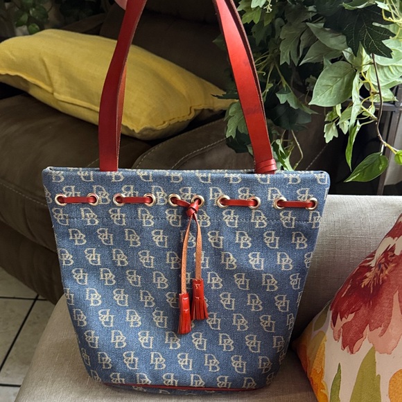Dooney & Bourke Monogram Denim Blue and Red CanvasTote - Picture 1 of 13